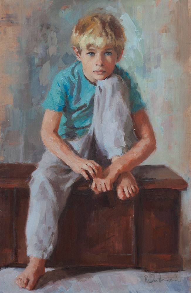 oil portrait of a young boy with his foot up on a trunk