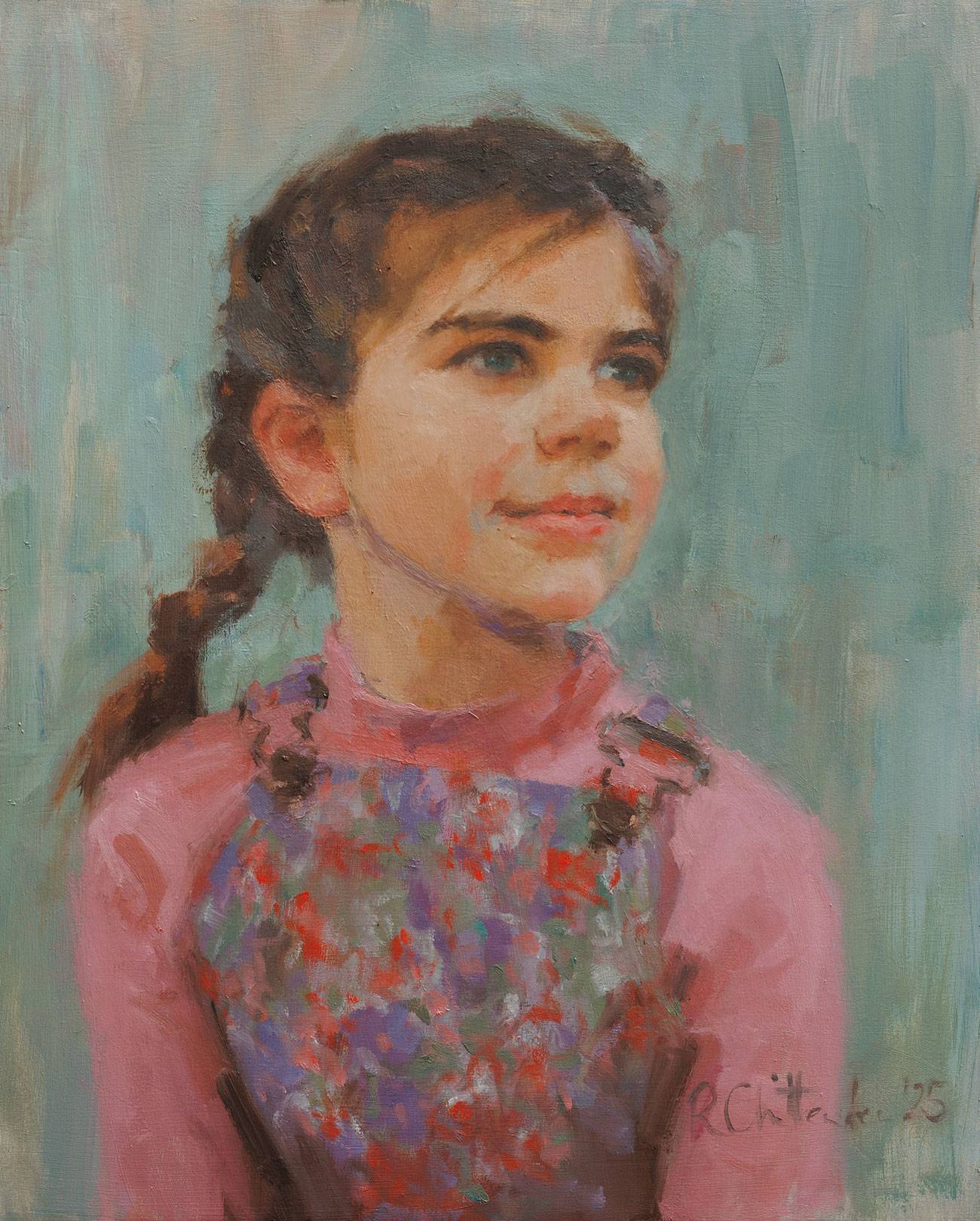 head and shoulders oil portrait of a lively, intelligent young girl